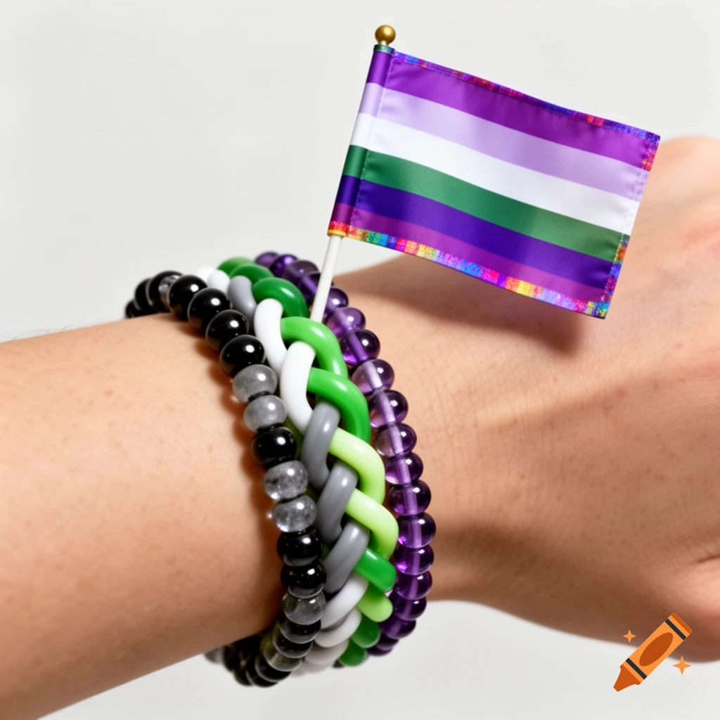 A hand wearing multiple beaded pride bracelets and holding a small Genderqueer pride flag.