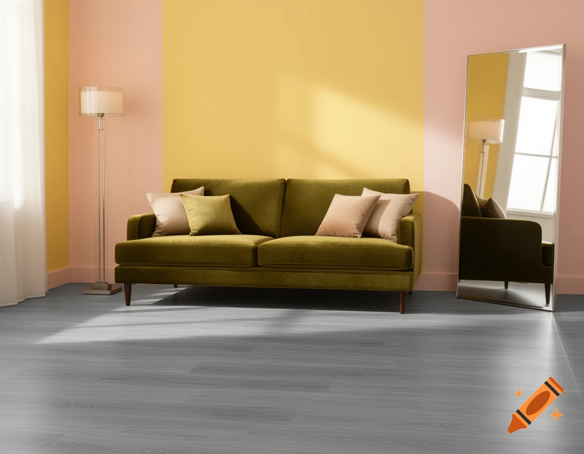 A modern living room with an olive green velvet sofa, a tall lamp, and a full-length mirror. Walls are color-blocked in warm yellow and pale pink, with grey laminate flooring.