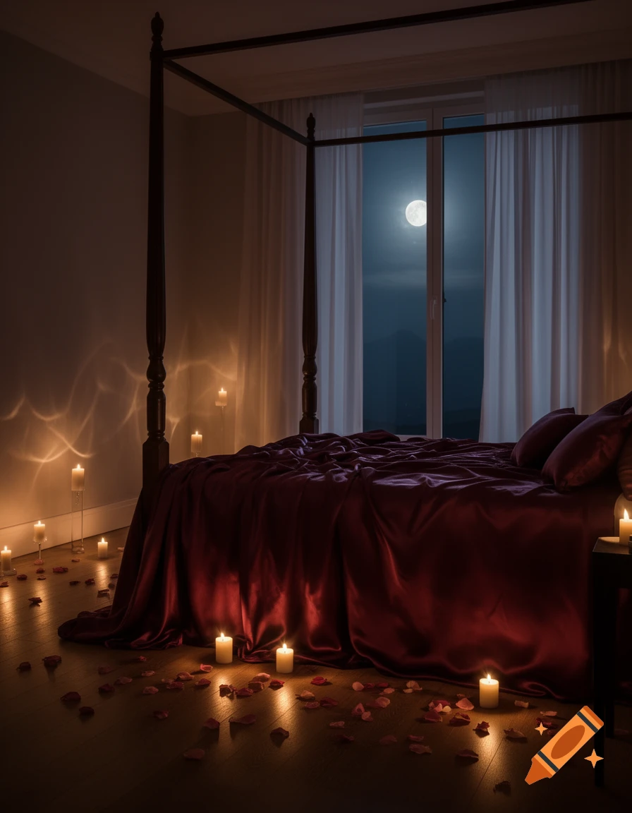 Romantic bedroom with a four-poster bed, red sheets, lit candles, rose petals on the floor, and a full moon visible through the window.