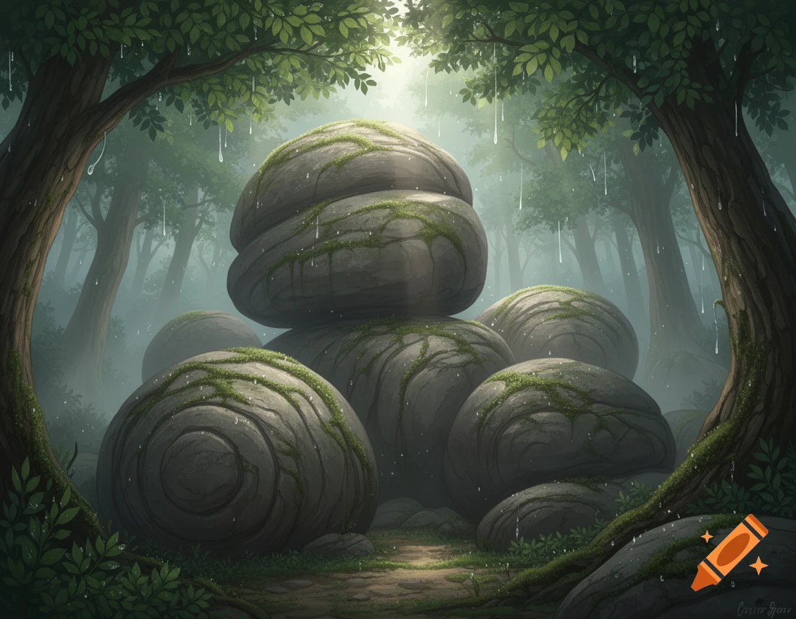 A lush, misty forest scene with large, rounded, moss-covered boulders and trees, with raindrops falling through the canopy.