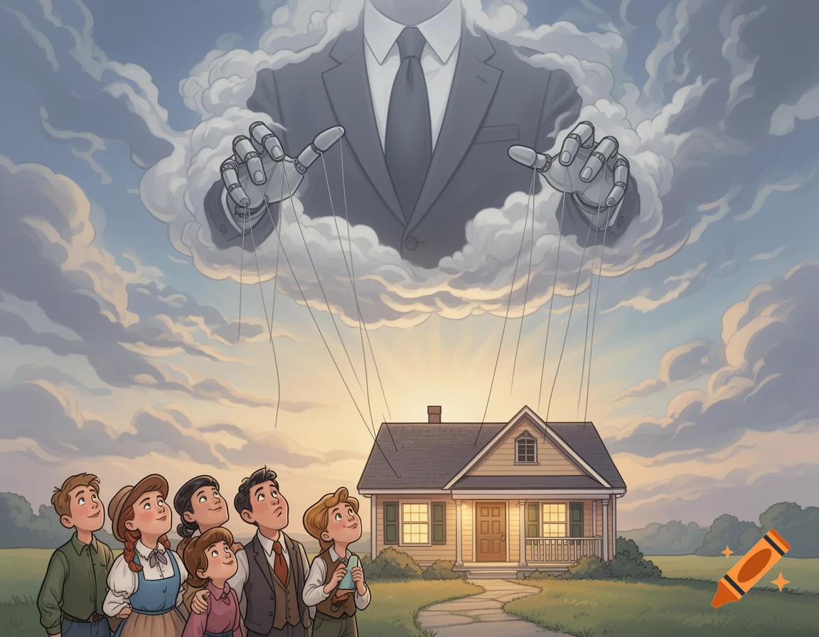 A whimsical editorial illustration shows a family looking up at a house being puppeteered by a suit and robot hands emerging from the clouds.