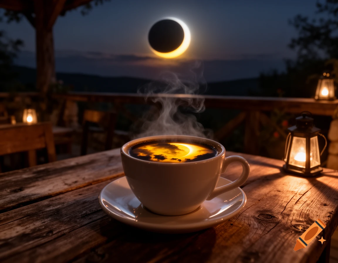 Steaming coffee cup on a rustic cafe table at dusk, reflecting a golden solar eclipse, with a dramatic night sky.