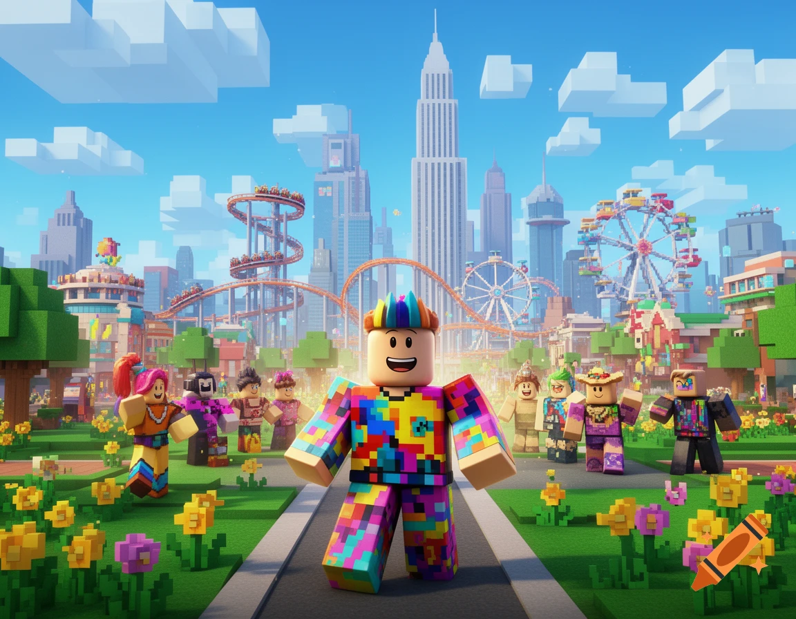 Blocky Roblox-style characters stand in a vibrant pixel art park with a cityscape, roller coaster, and Ferris wheel in the background.