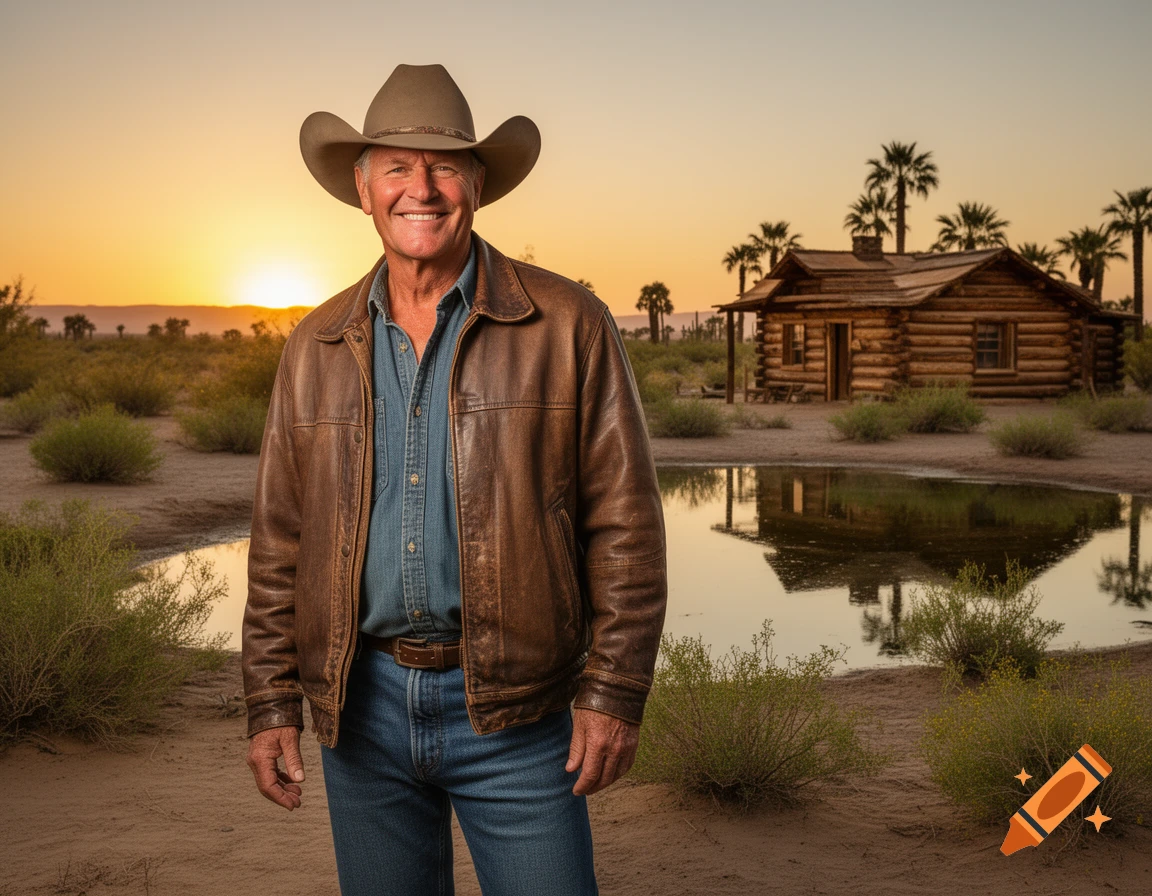 Smiling older man in a cowboy hat and leather jacket stands in a desert with a log cabin and pond at sunset.