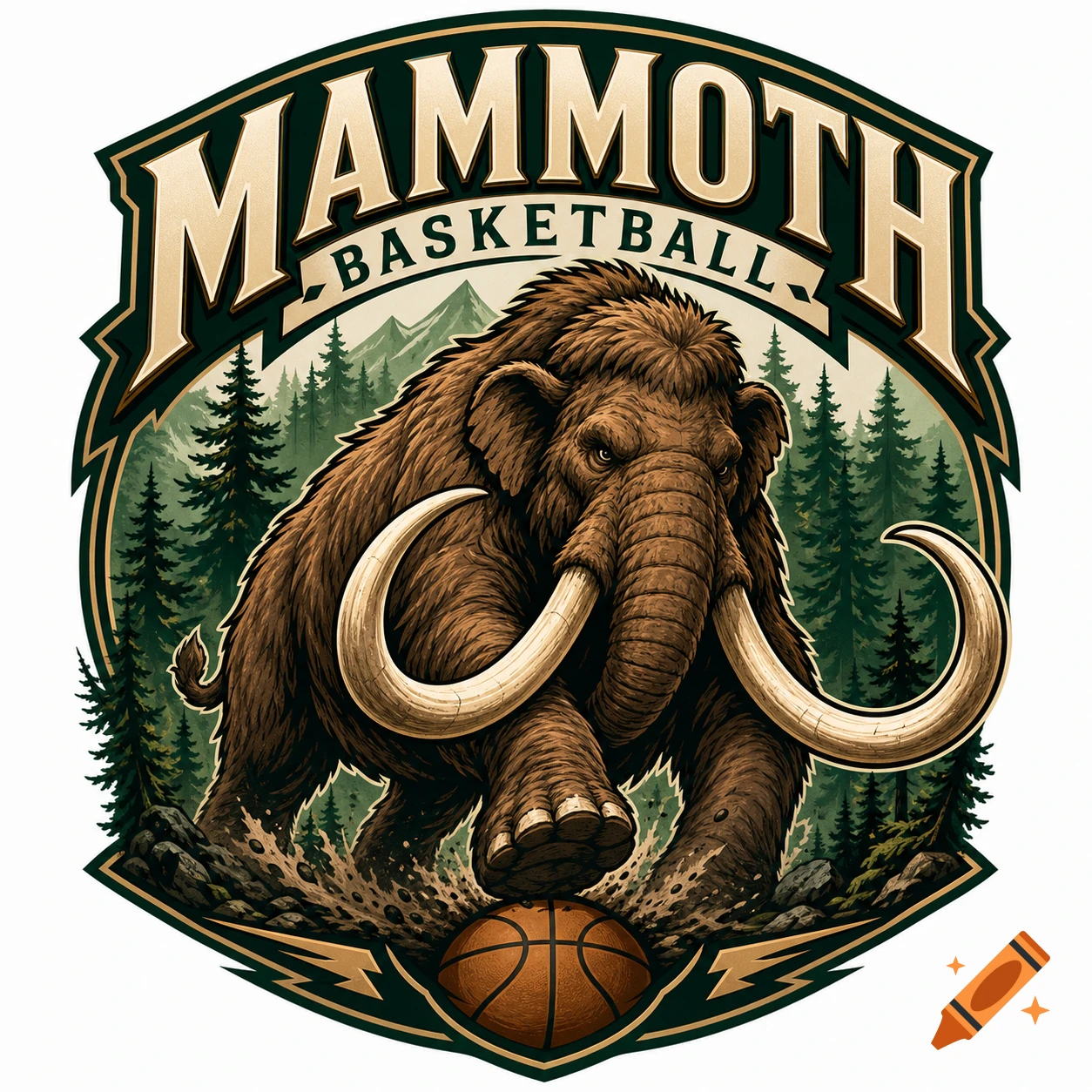 Sports logo featuring a brown woolly mammoth dribbling a basketball in a forest with 'MAMMOTH BASKETBALL' text.