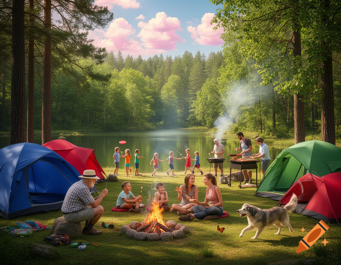 A photorealistic family camping scene by a lake with tents, a campfire, adults barbecuing, children playing, and a dog running.