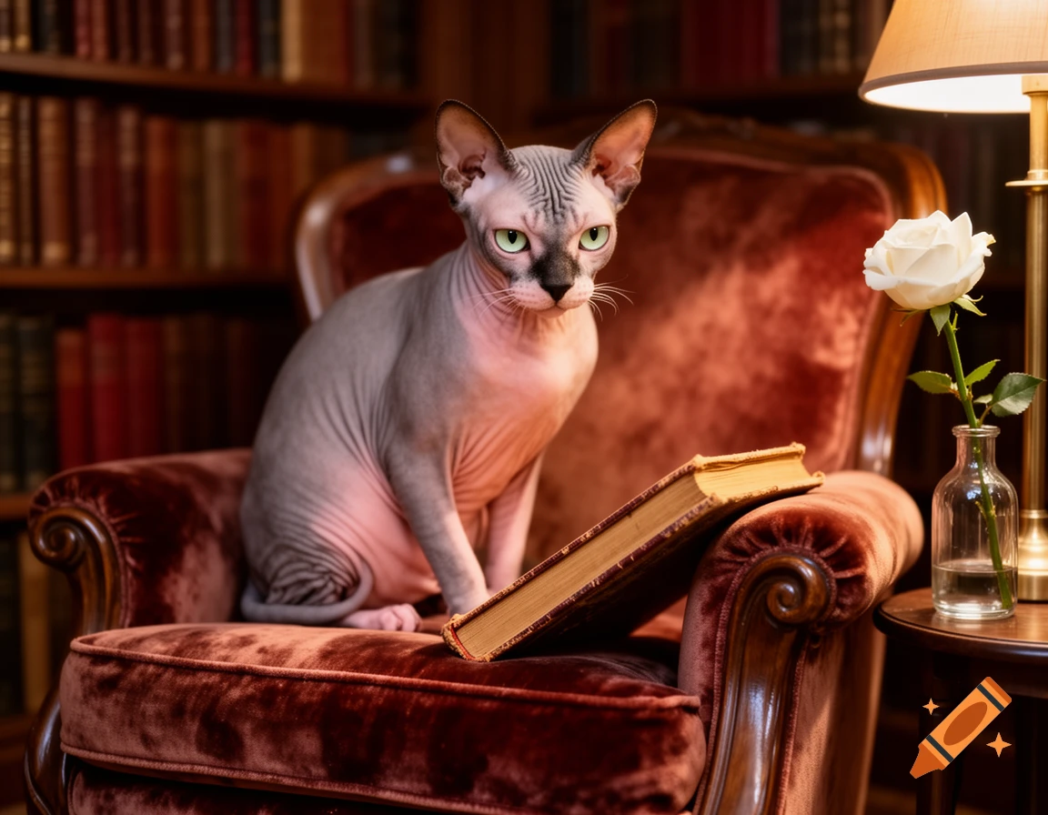 A Sphynx cat sits on a red velvet armchair next to a book, with a white rose, in a library setting.
