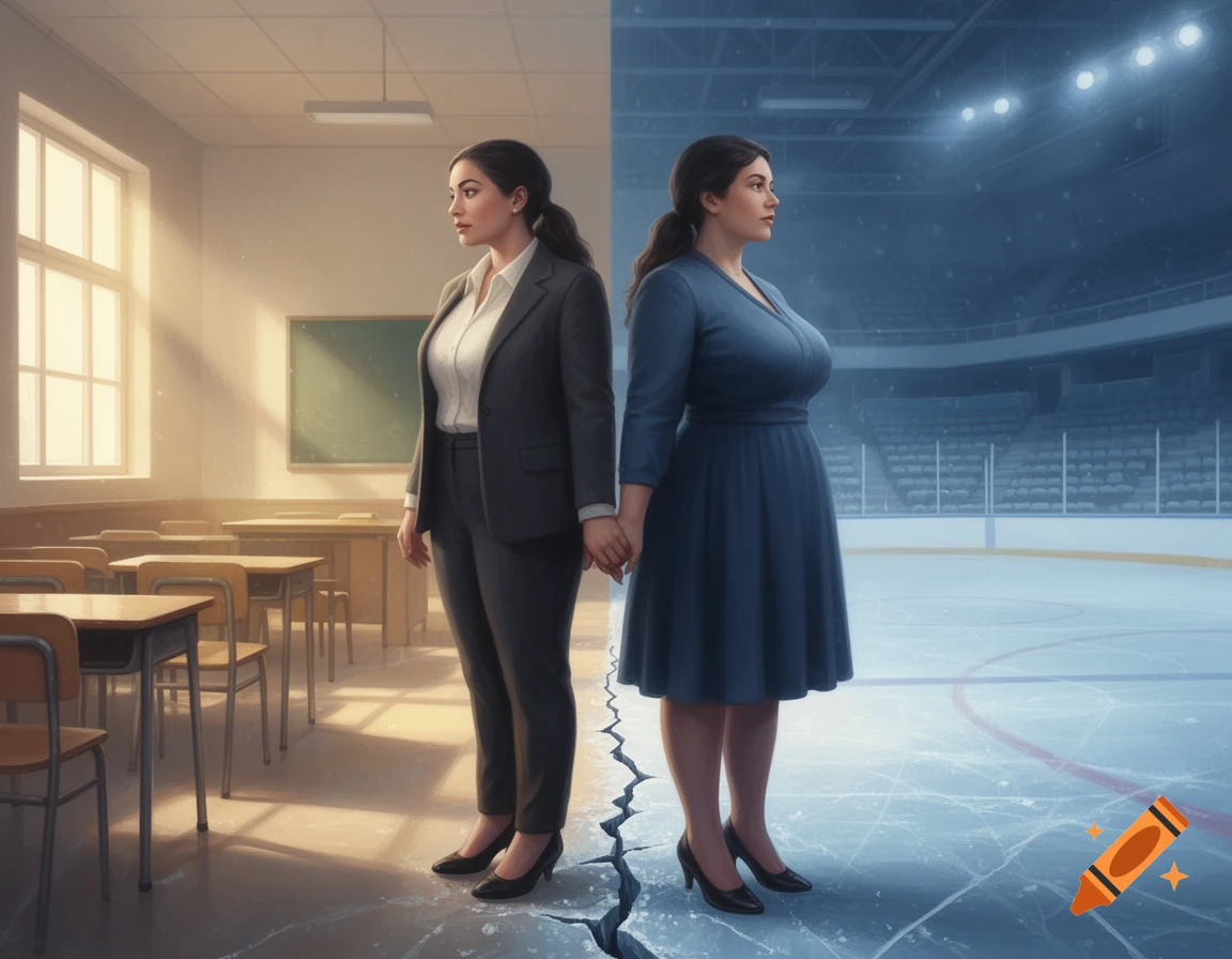 Two women, back-to-back, hold hands across a cracked divide between a sunlit classroom and a dark ice rink.