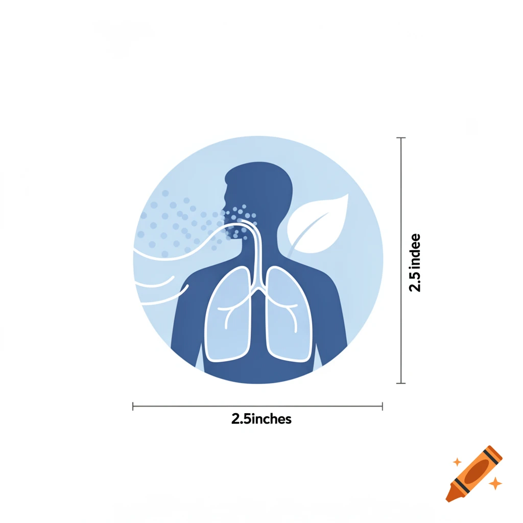 Clipart icon of a blue silhouette of a person's upper body with outlined lungs, breathing clean air indicated by light blue particles and a leaf.