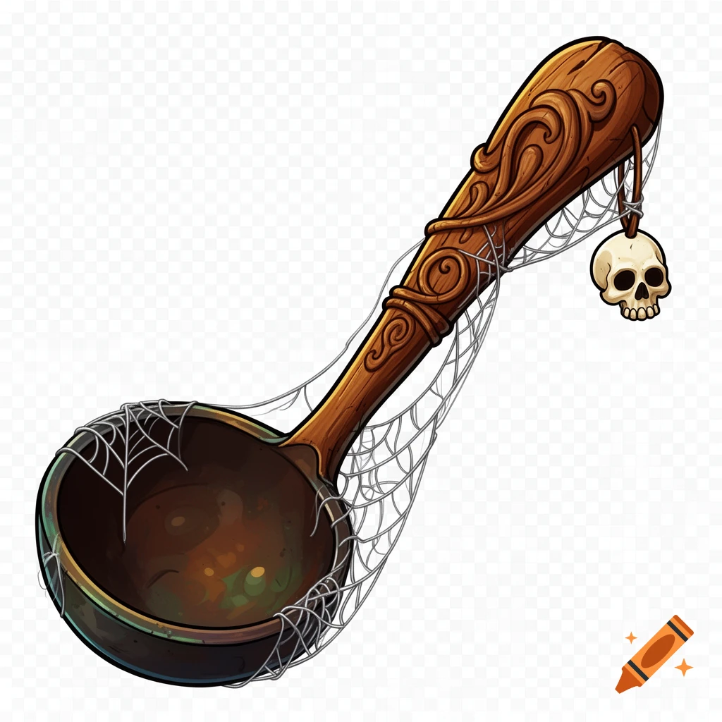A cartoon-style, spooky wooden ladle with a carved handle, covered in spiderwebs, and a small skull charm hanging from the handle.