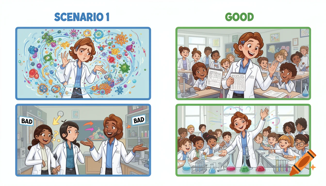 A four-panel cartoon depicts teaching assistants in lab and classroom scenarios, illustrating good and bad teaching situations.