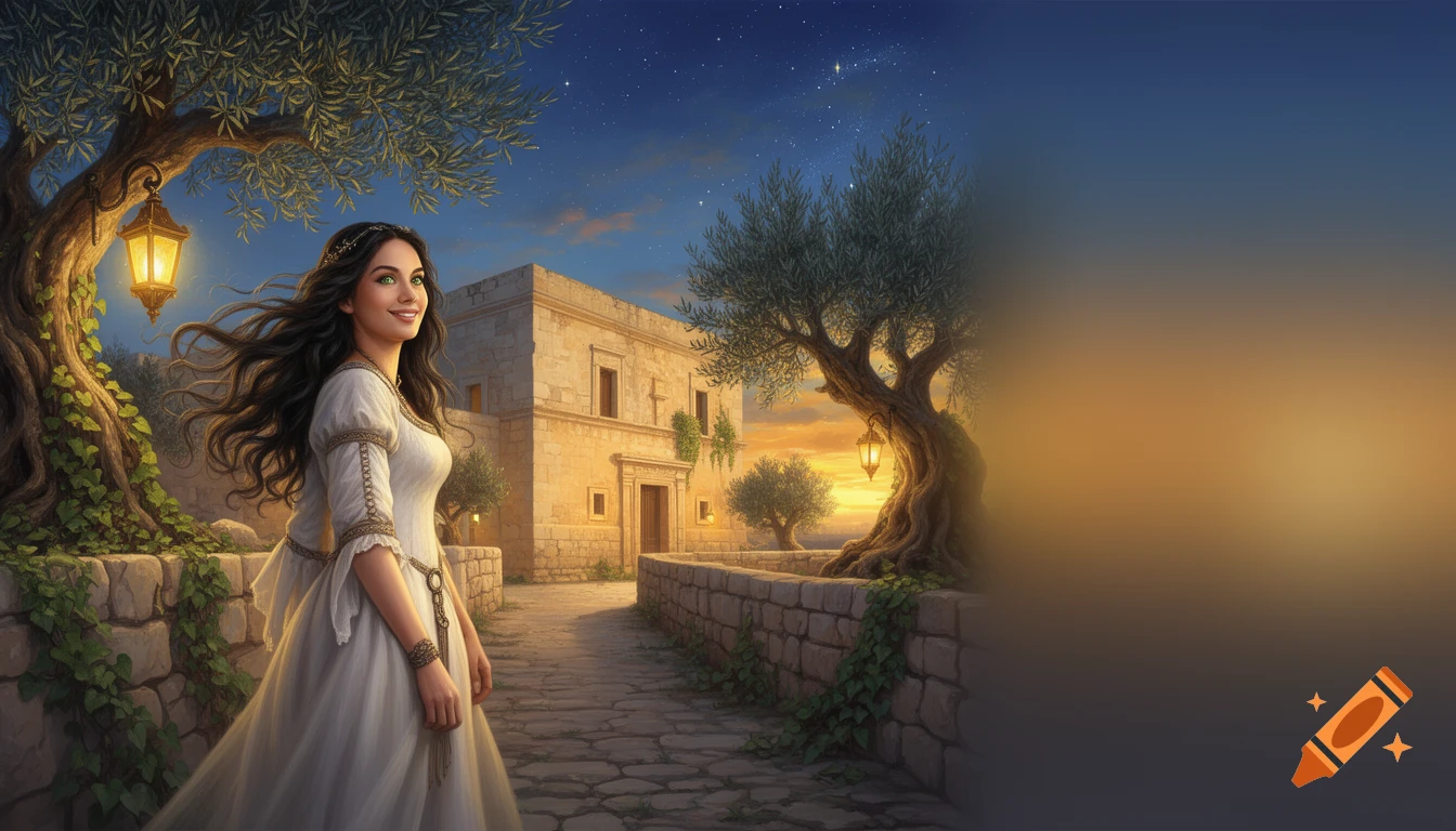 A beautiful young woman in a white medieval dress stands on a stone path next to an ancient building and olive trees at sunset under a starry sky.
