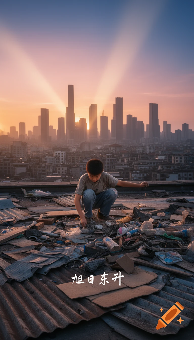 A boy on a trash-covered rooftop, looking at the debris, with a city skyline under a colorful sunrise. Chinese text '旭日东升'.