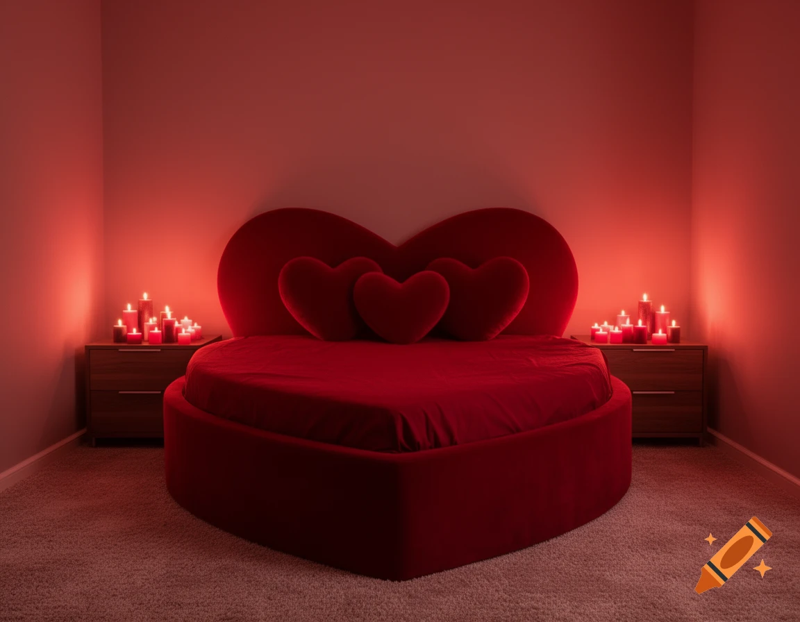 A cozy bedroom with a red heart-shaped bed, heart pillows, and multiple lit candles on nightstands, bathed in warm red indirect lighting.