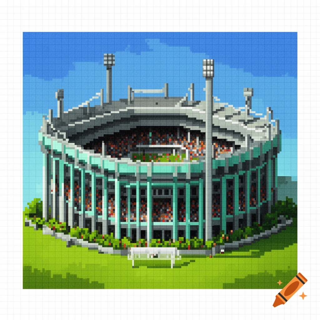 Pixel art illustration of a large, circular multi-tiered stadium with a crowd, light poles, on a green field under a blue sky.