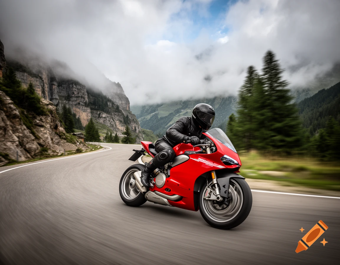 A person in a black helmet and leather suit rides a red Ducati motorcycle on a winding mountain road.