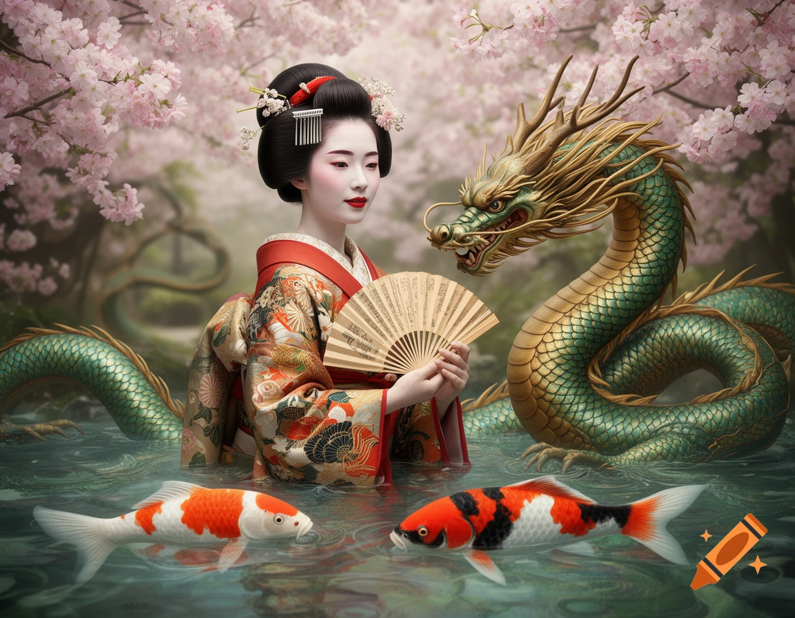 A geisha in traditional attire holding a fan, with a green dragon and two koi fish in water under cherry blossoms, in a hyperrealistic style.