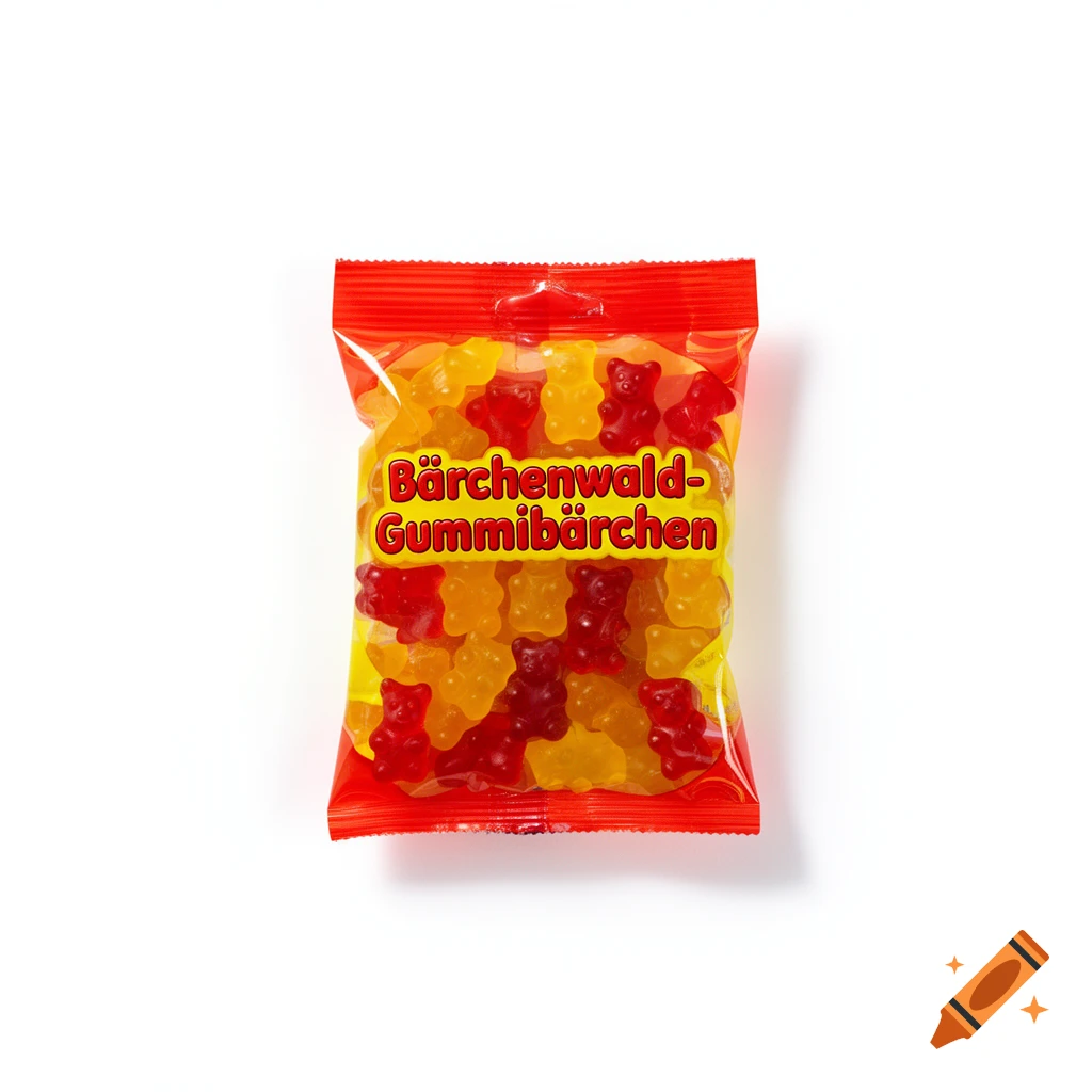 A red and yellow bag of 'Bärchenwald-Gummibärchen' gummy bears on a white background, photorealistic style.