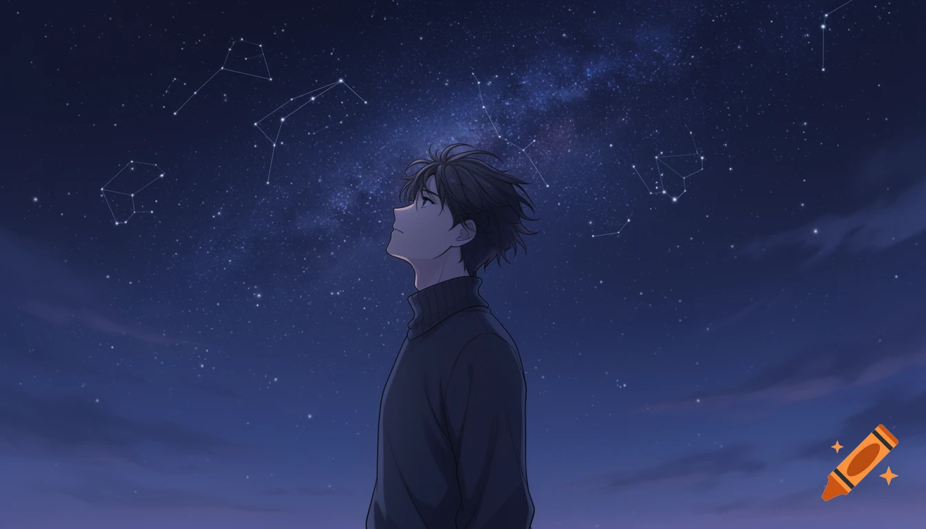 A young man with messy hair looks up at a starry night sky with constellations in an anime style.