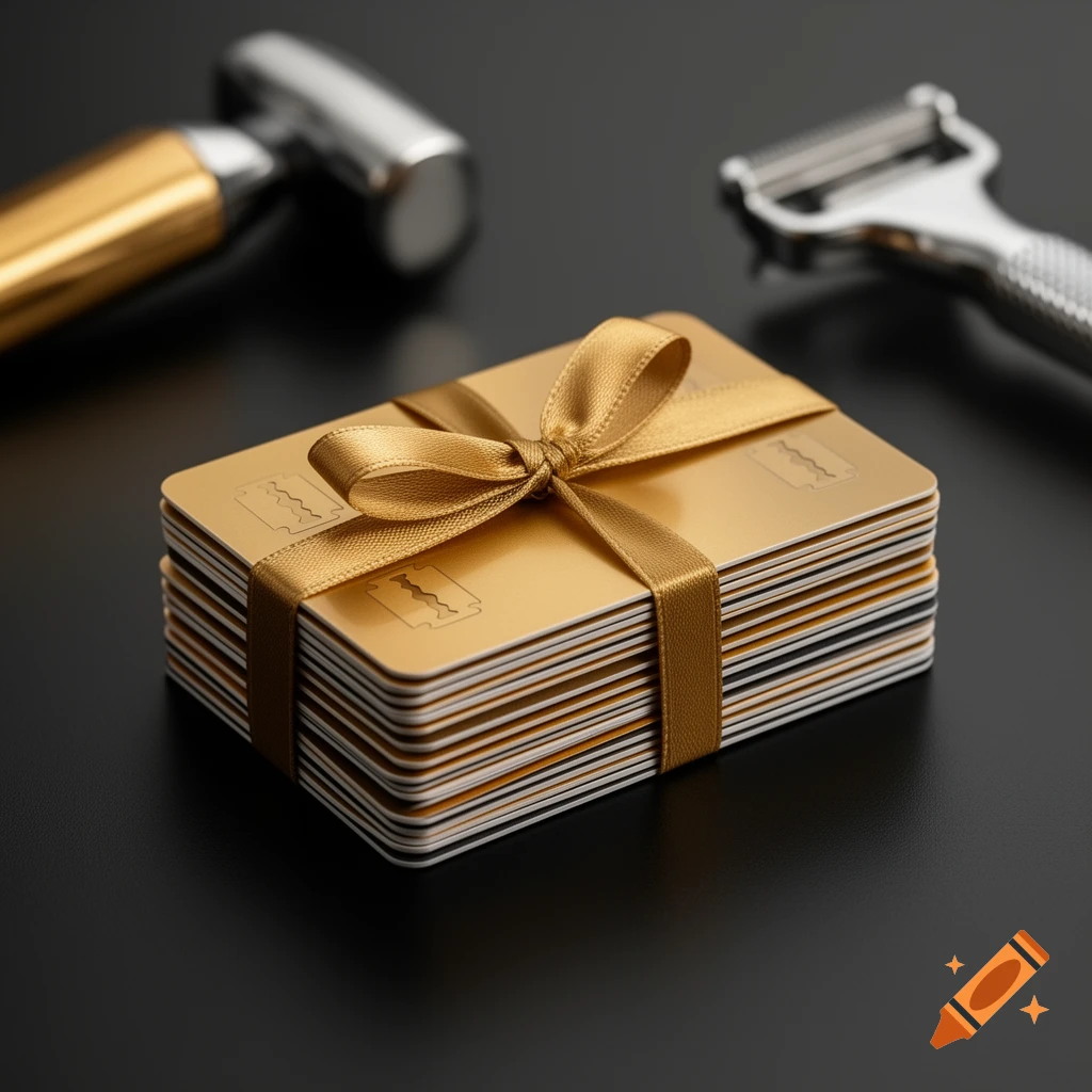 A stack of gold gift cards tied with a golden ribbon, each featuring a razor blade icon, next to a gold hammer and a metal vegetable peeler on a dark surface.