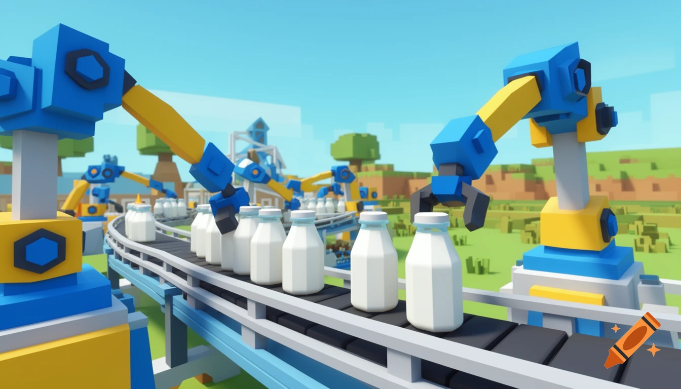 Robotic arms package milk bottles on a conveyor belt in a vibrant, blocky, Roblox-style factory setting.