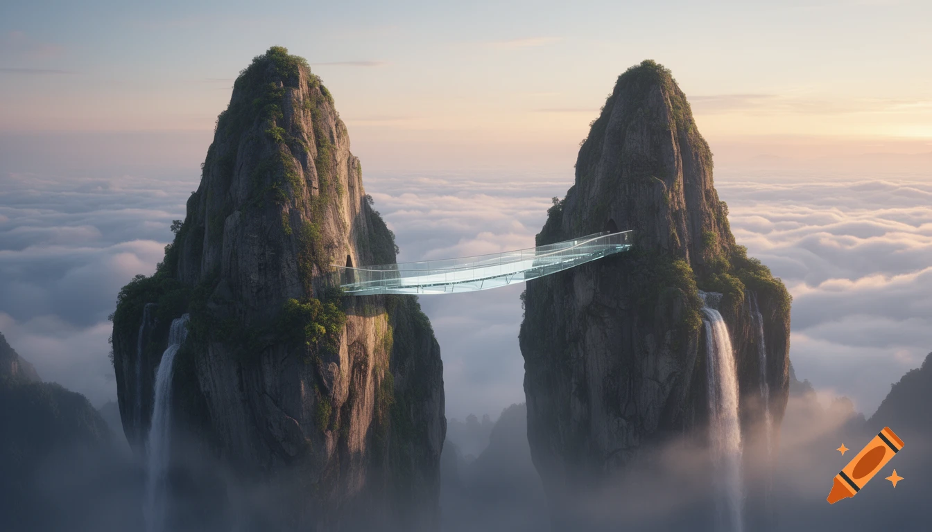 Photorealistic image of a glass bridge spanning between two towering, cloud-shrouded mountains with waterfalls.