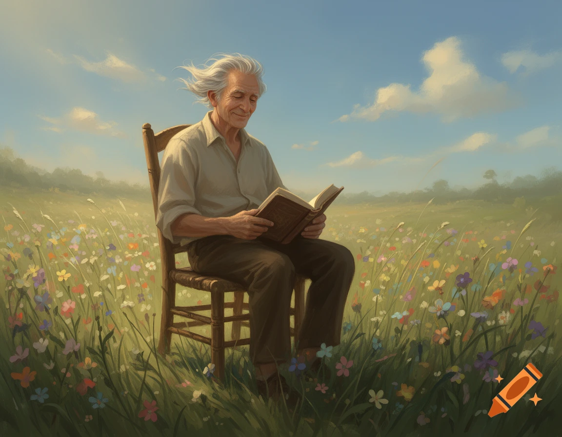A serene old man with windswept white hair reads a book on a wooden chair in a vibrant wildflower field under a blue sky, painted style.