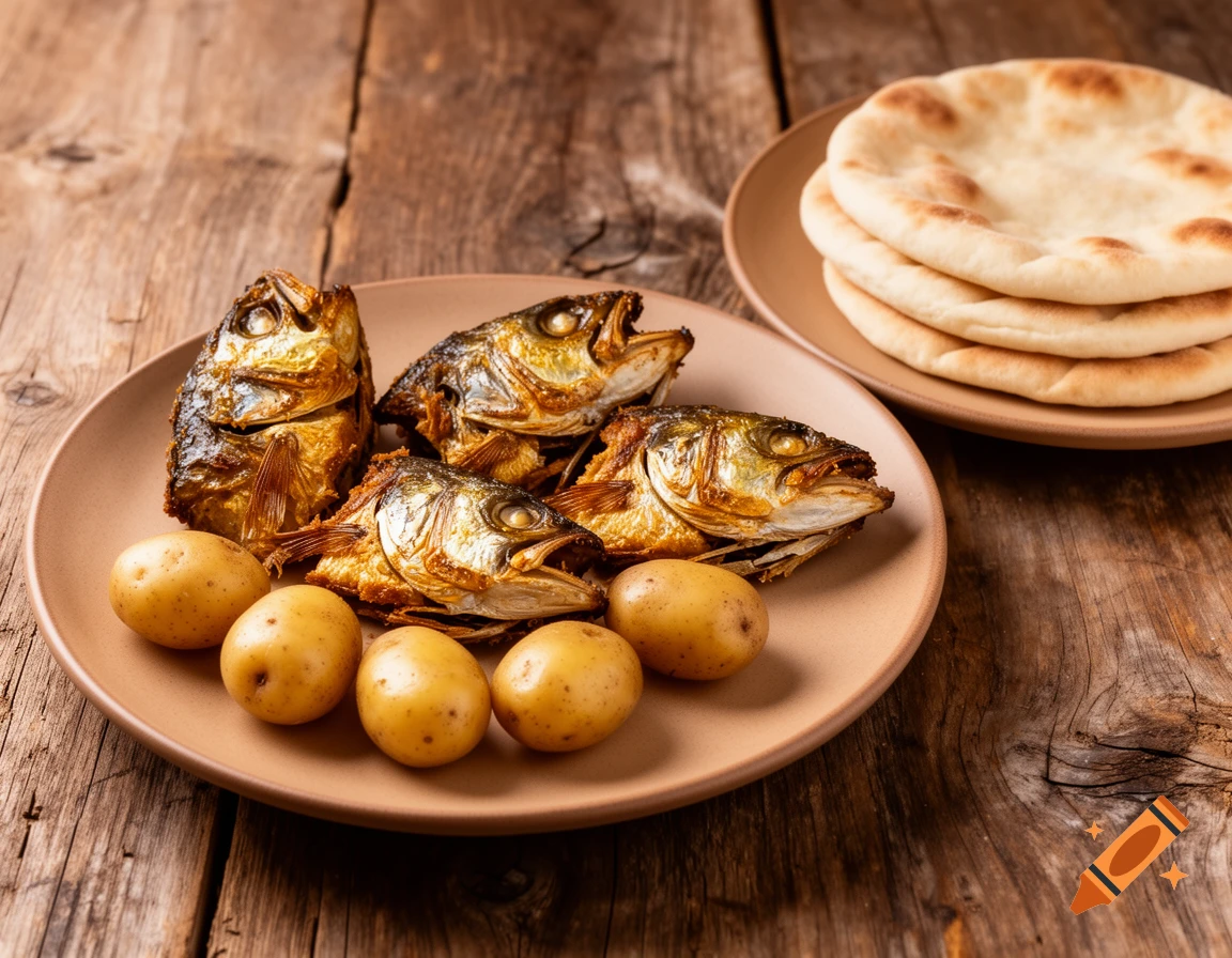Four crispy fried fish heads and small potatoes on a brown plate, with flatbreads on another, on a wooden table.