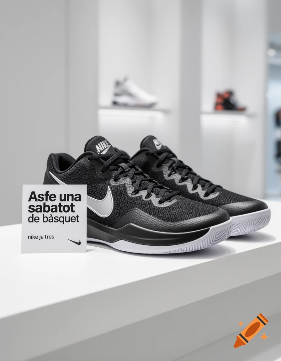 A pair of black Nike basketball shoes with a silver swoosh on a white display stand with a promotional sign.