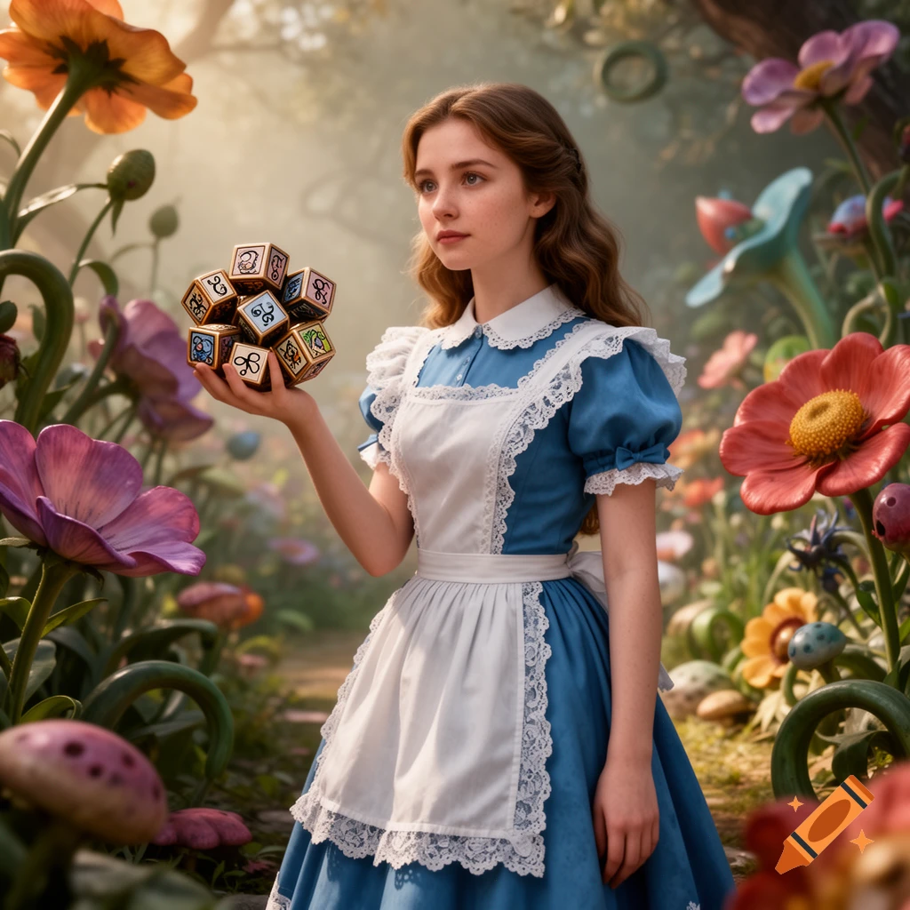 Alice in Wonderland in a blue dress and white apron stands in a garden of oversized flowers, holding a cluster of ornate dice.