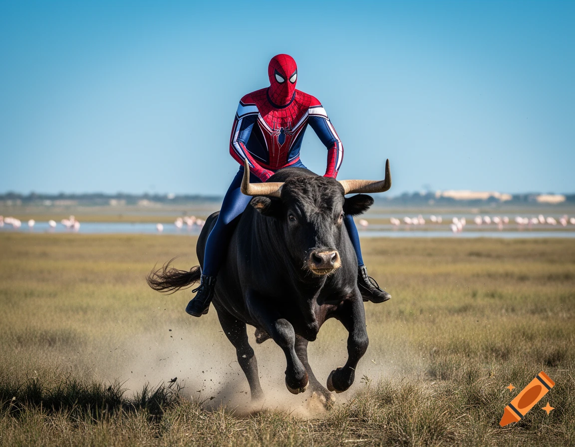Spiderman rides a black bull, running through a dusty grassy field under a clear blue sky.