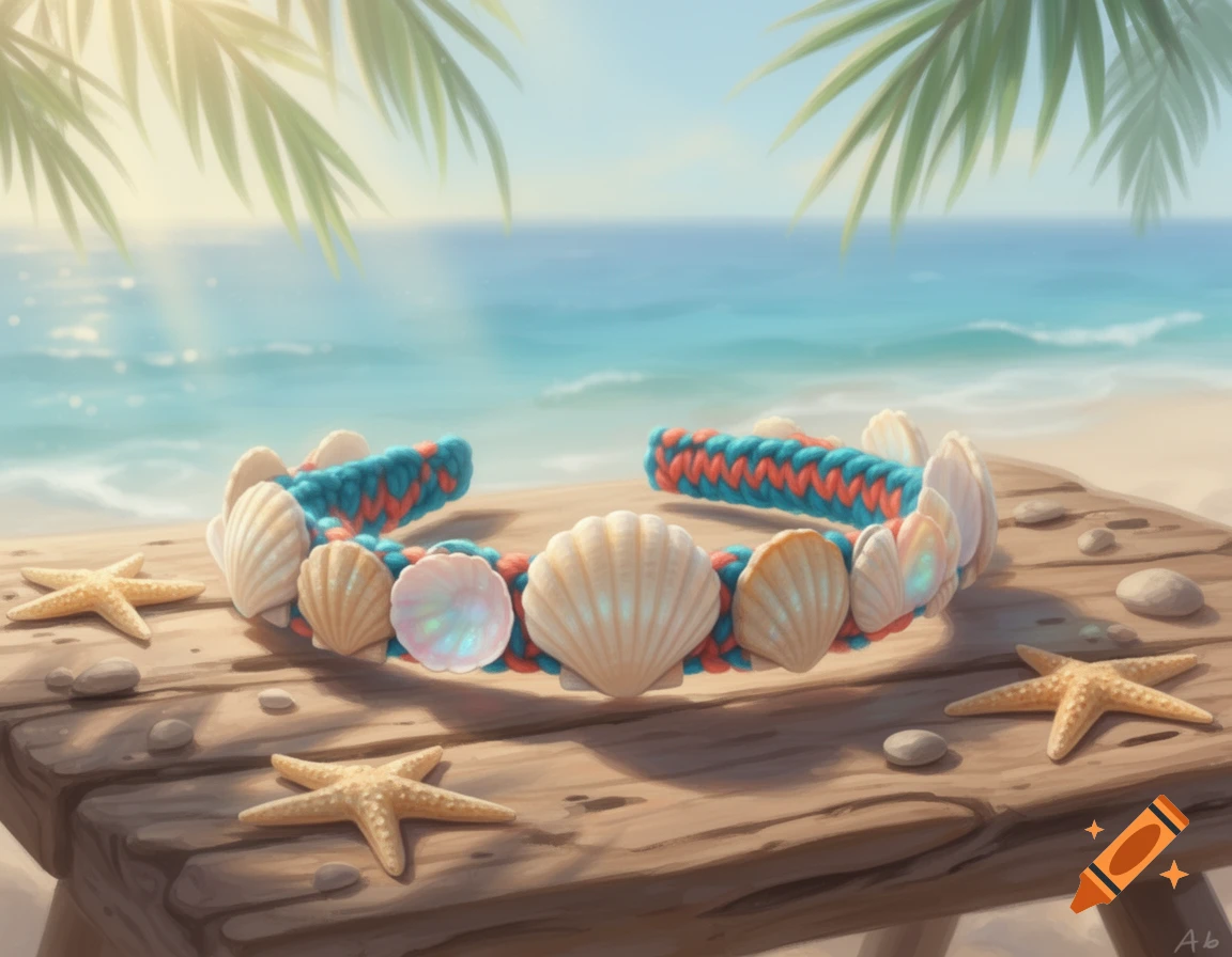 A colorful braided headband decorated with various seashells rests on a wooden table, surrounded by starfish on a sunny beach with the ocean in the background.