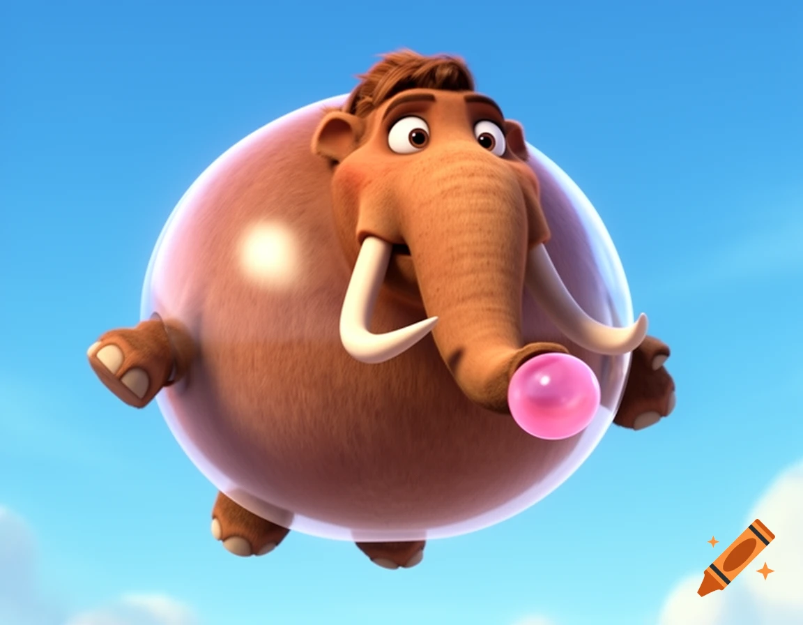 An animated mammoth with its body inflated like a transparent bubble, floating in a blue sky while blowing a pink bubblegum bubble.