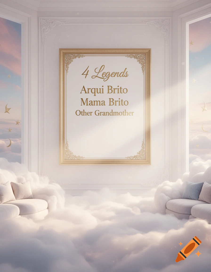 A bright, ethereal room filled with clouds, featuring a golden-framed poster that reads "4 Legends: Arqui Brito, Mama Brito, Other Grandmother".