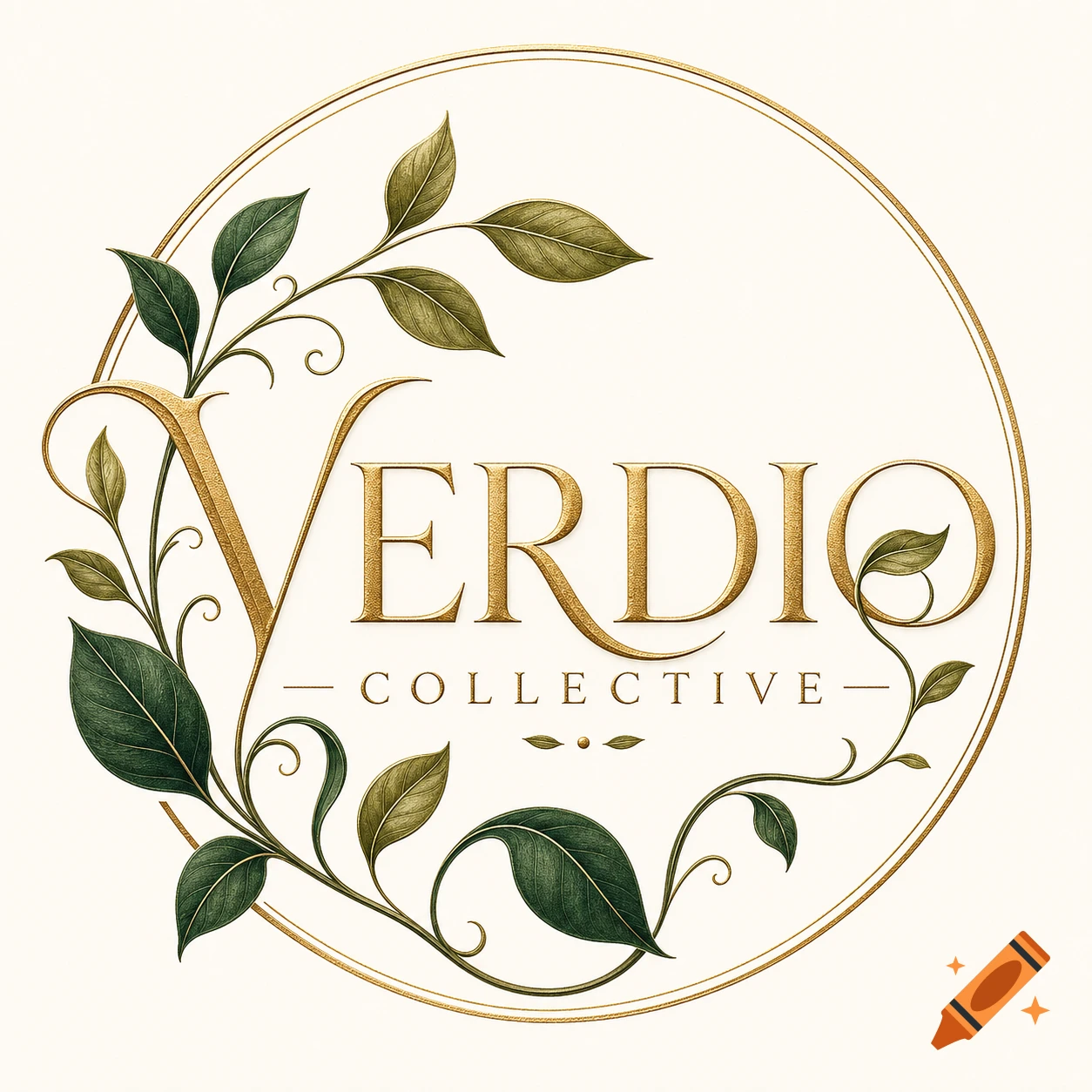 Elegant gold and green logo for Verdio Collective with botanical leaf embellishments inside a circular frame.