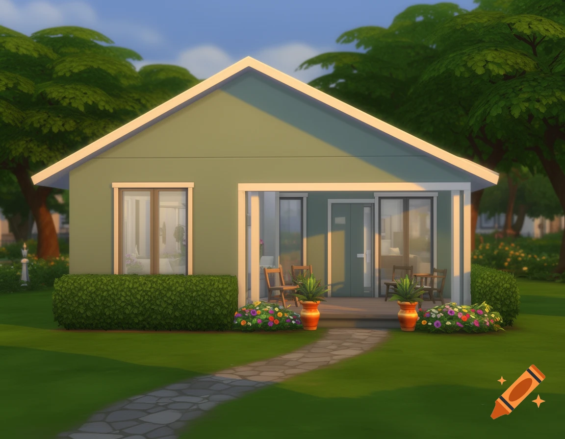 A bright green Sims 4 starter home with a white trim, front porch, stone path, and lush green lawn.
