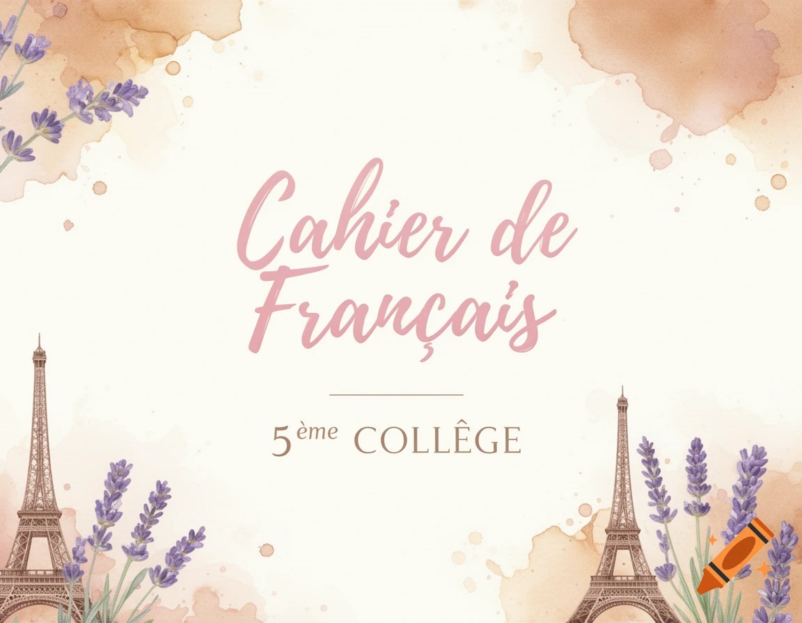 A watercolor illustration of a French notebook cover featuring 'Cahier de Français', '5ème COLLÈGE' text, lavender sprigs, and Eiffel Towers.