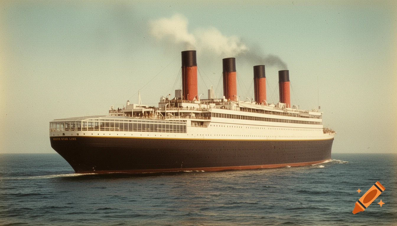 The historic RMS Titanic, with its four funnels emitting smoke, sails on a calm blue ocean, depicted in a vintage color photograph style.