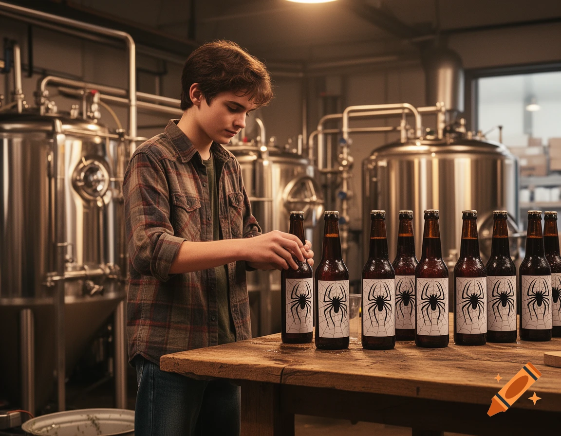 A young person resembling Peter Parker arranges beer bottles with spider labels in a brewery.