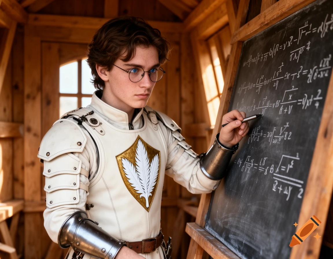 A young fantasy engineer in white and gold armor and round glasses writes complex mathematical equations on a chalkboard in a wooden siege tower.