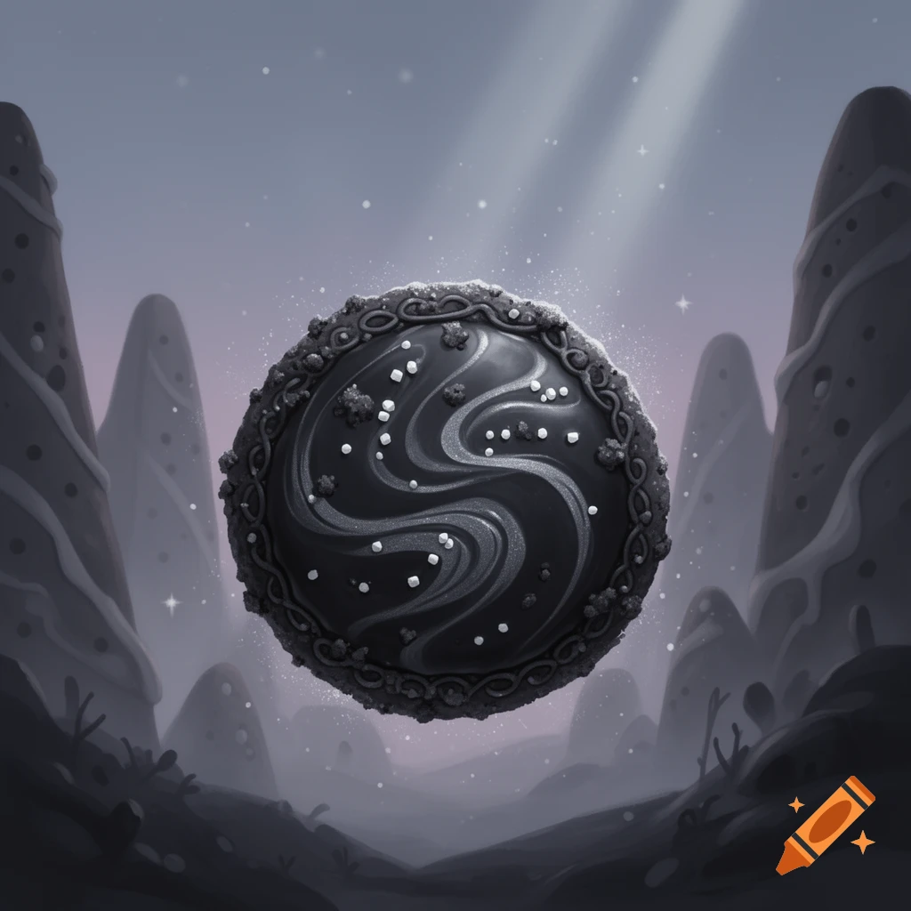 A dark, intricate cookie-like sphere floats in a mystical, grey-toned landscape with soft light rays and distant hills, digital art.