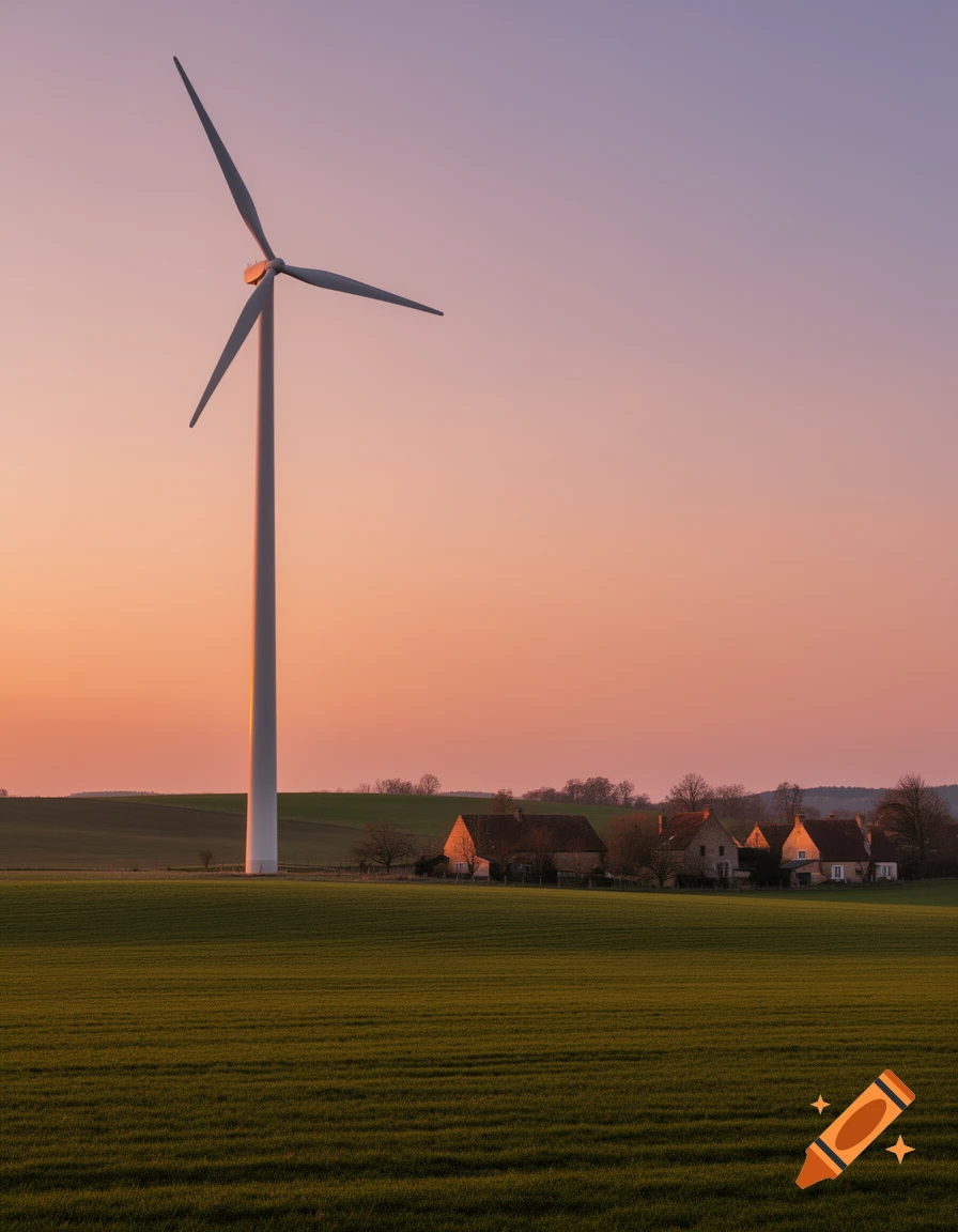 A tall wind turbine stands in a green field with houses and rolling hills in the background under a vibrant sunset sky.
