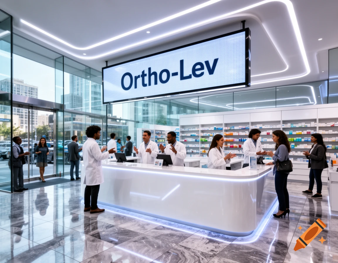 A modern pharmacy interior with pharmacists assisting customers at a white counter under a large 'Ortho-Lev' sign.