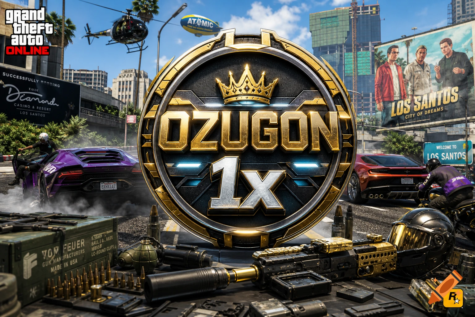 A promotional image for Grand Theft Auto Online featuring a large 'OZUGON 1x' emblem, luxury cars, a helicopter, weapons, and a city street scene.