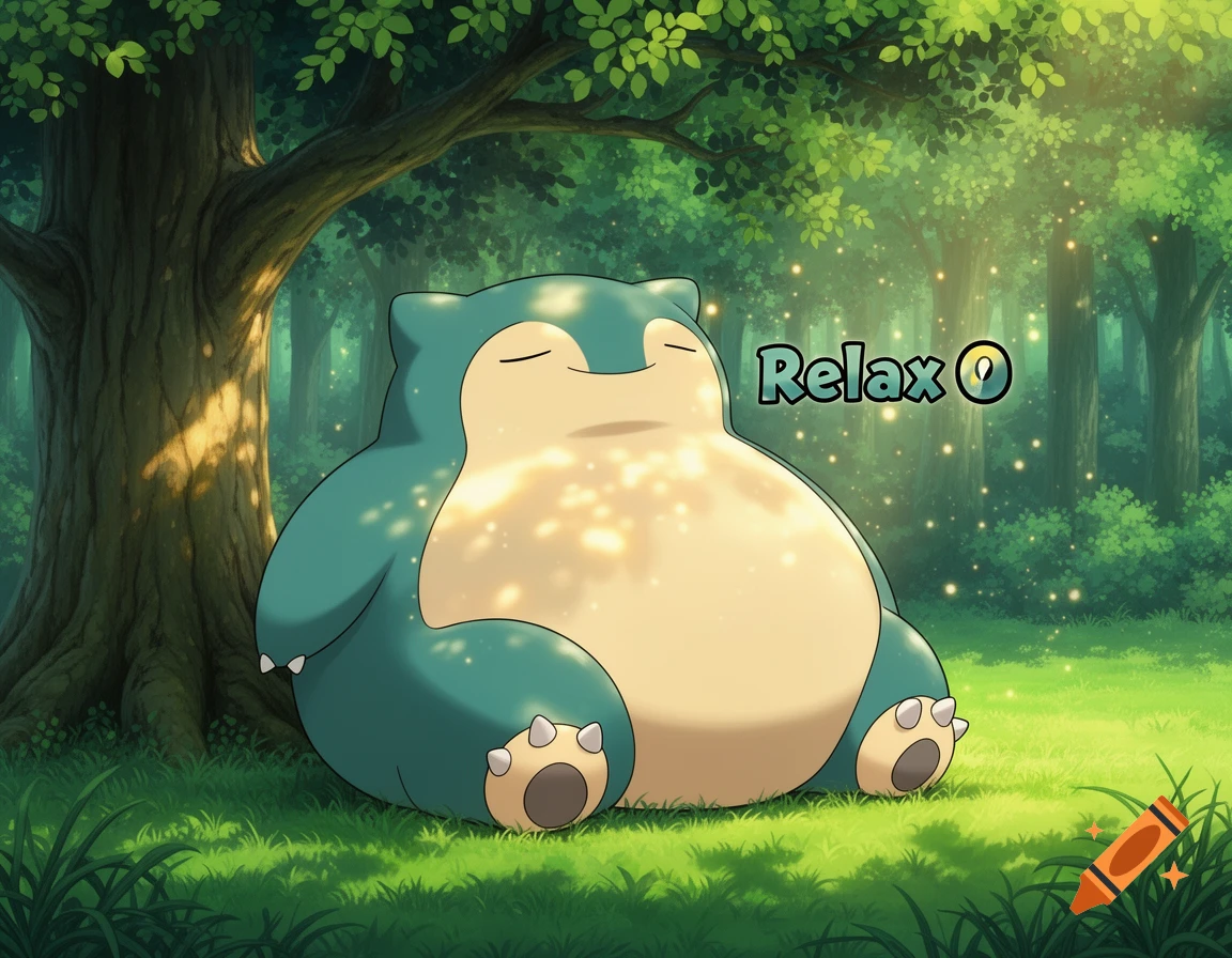 A sleepy Snorlax sits under a tree in a glowing green forest, with "Relax O" text floating nearby.
