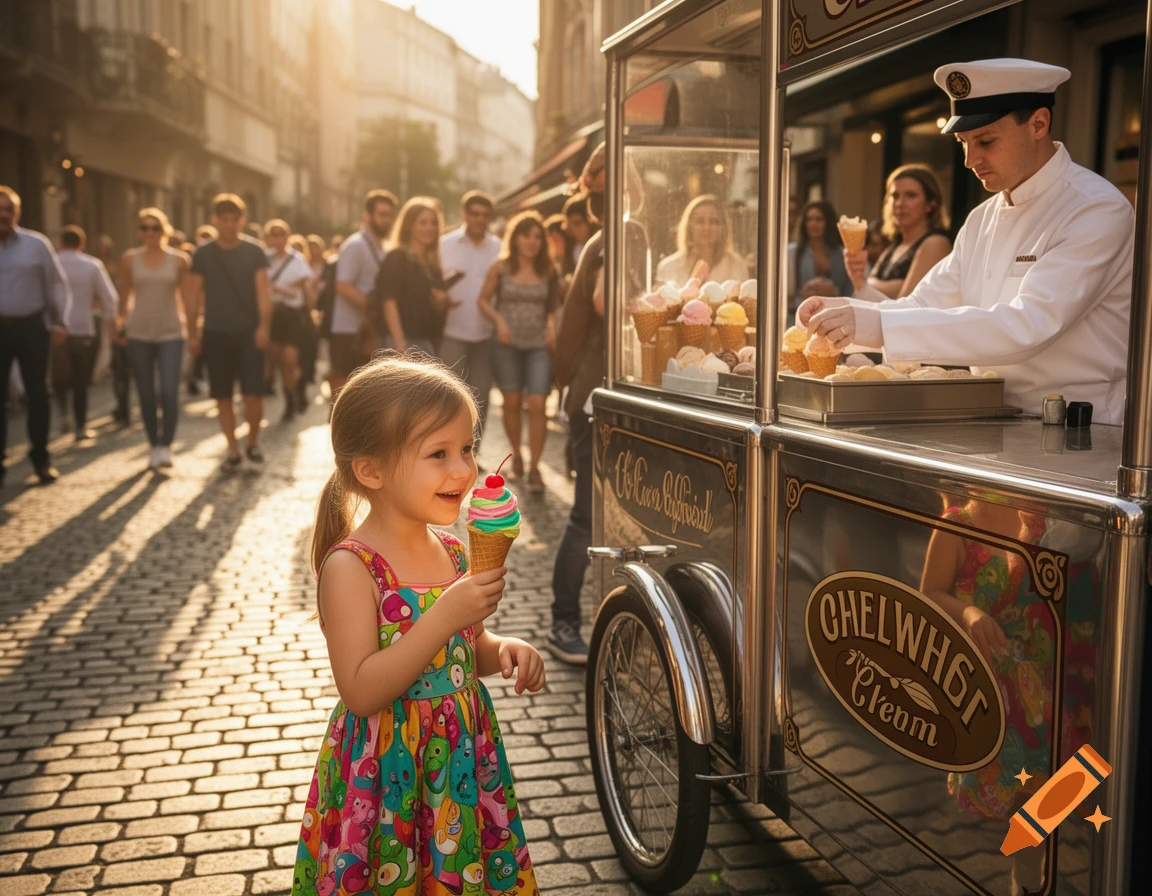 A young girl happily holding a colorful ice cream cone next to a vintage ice cream cart on a sunny, bustling cobblestone street.
