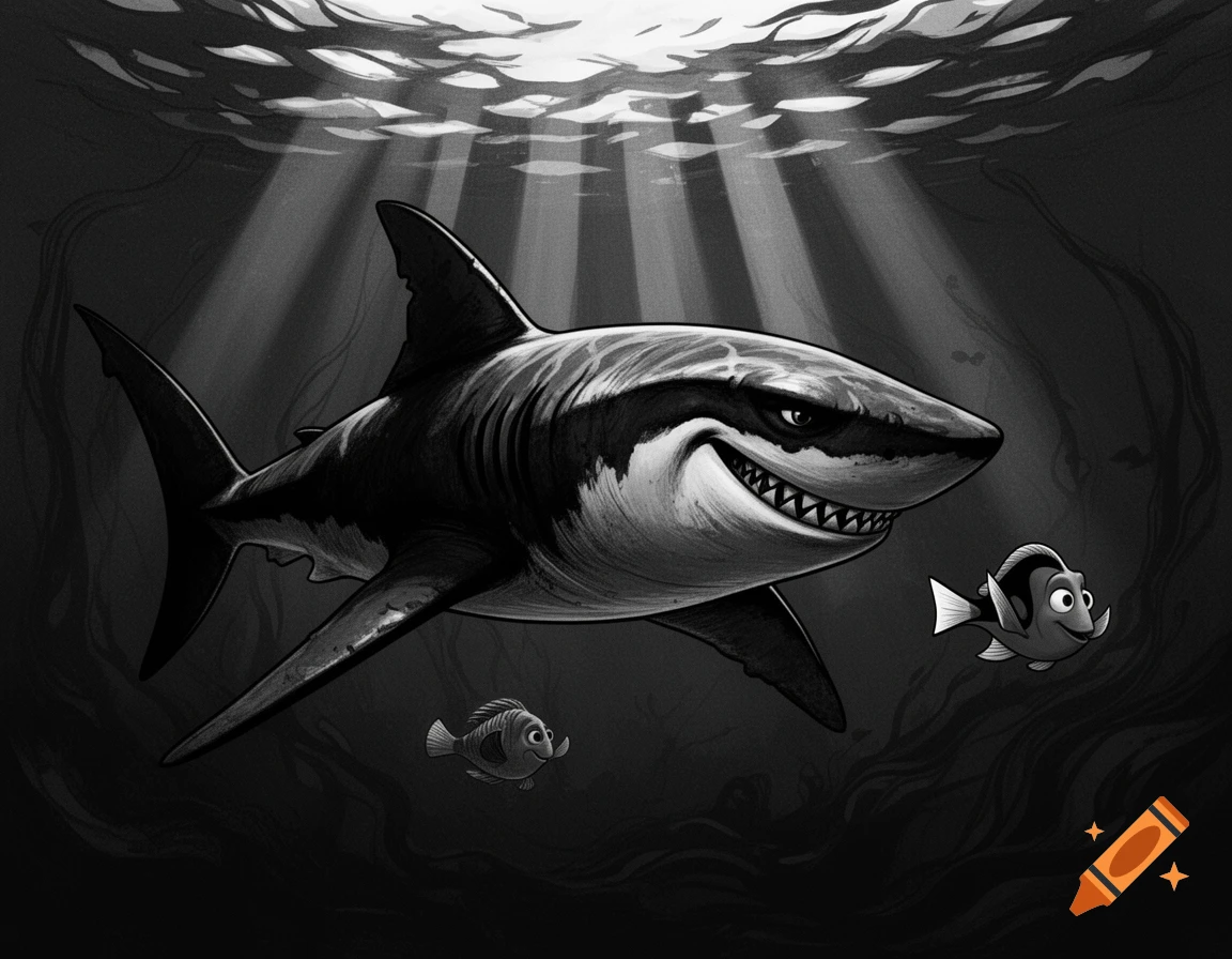 A large, menacing cartoon shark smiles at two smaller fish in a dark, black and white underwater drawing with light rays.