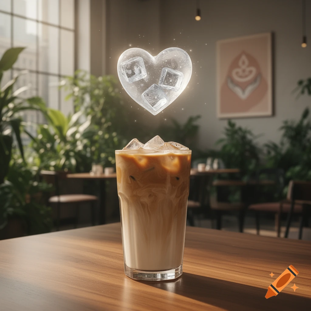 Photorealistic image of an iced coffee with a glowing, heart-shaped ice cube floating above it, on a wooden table in a bright cafe.