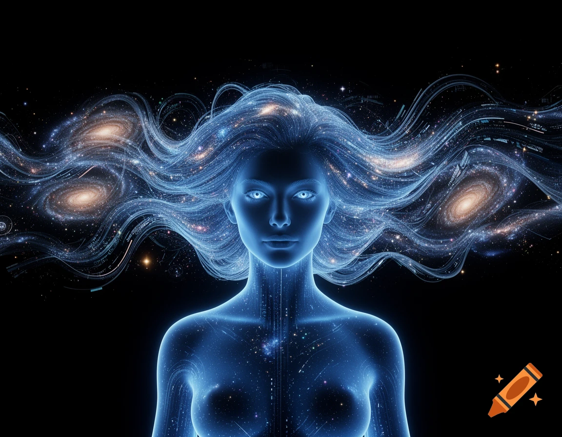 A blue glowing, ethereal female figure with flowing hair made of galaxies and stars, emerging from a black void.