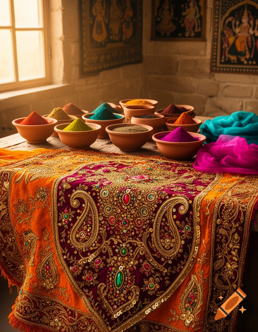 Bowls of vibrant powders and ornate embroidered fabric on a wooden table, with traditional Indian art in the background.